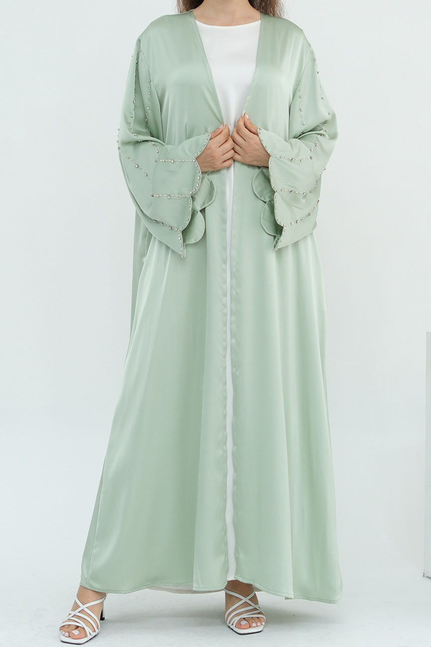 Sahara Bead-Detail Elegant Open Abaya 1024 - Green