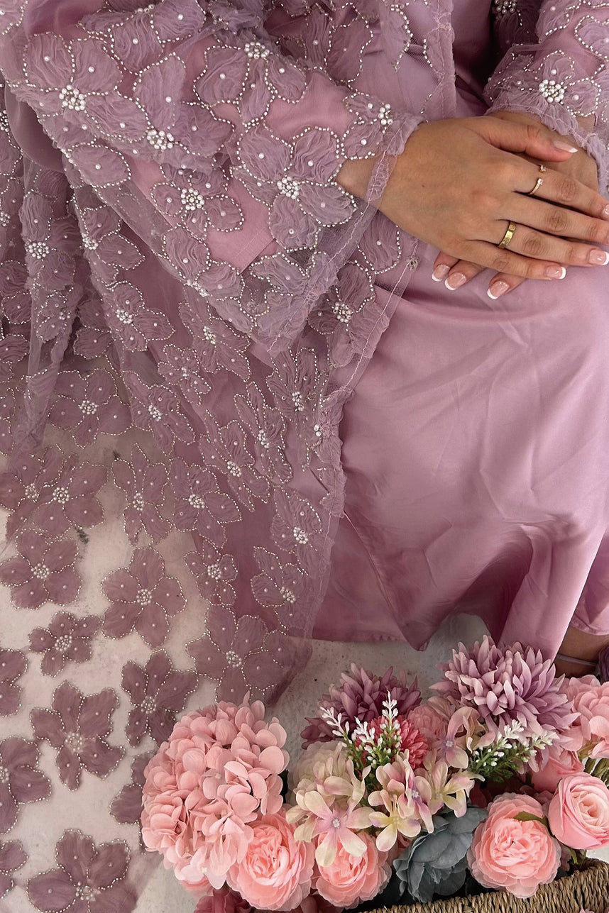 Auralis 3D Floral Beaded Mesh Open Abaya 1069 – Deep Purple