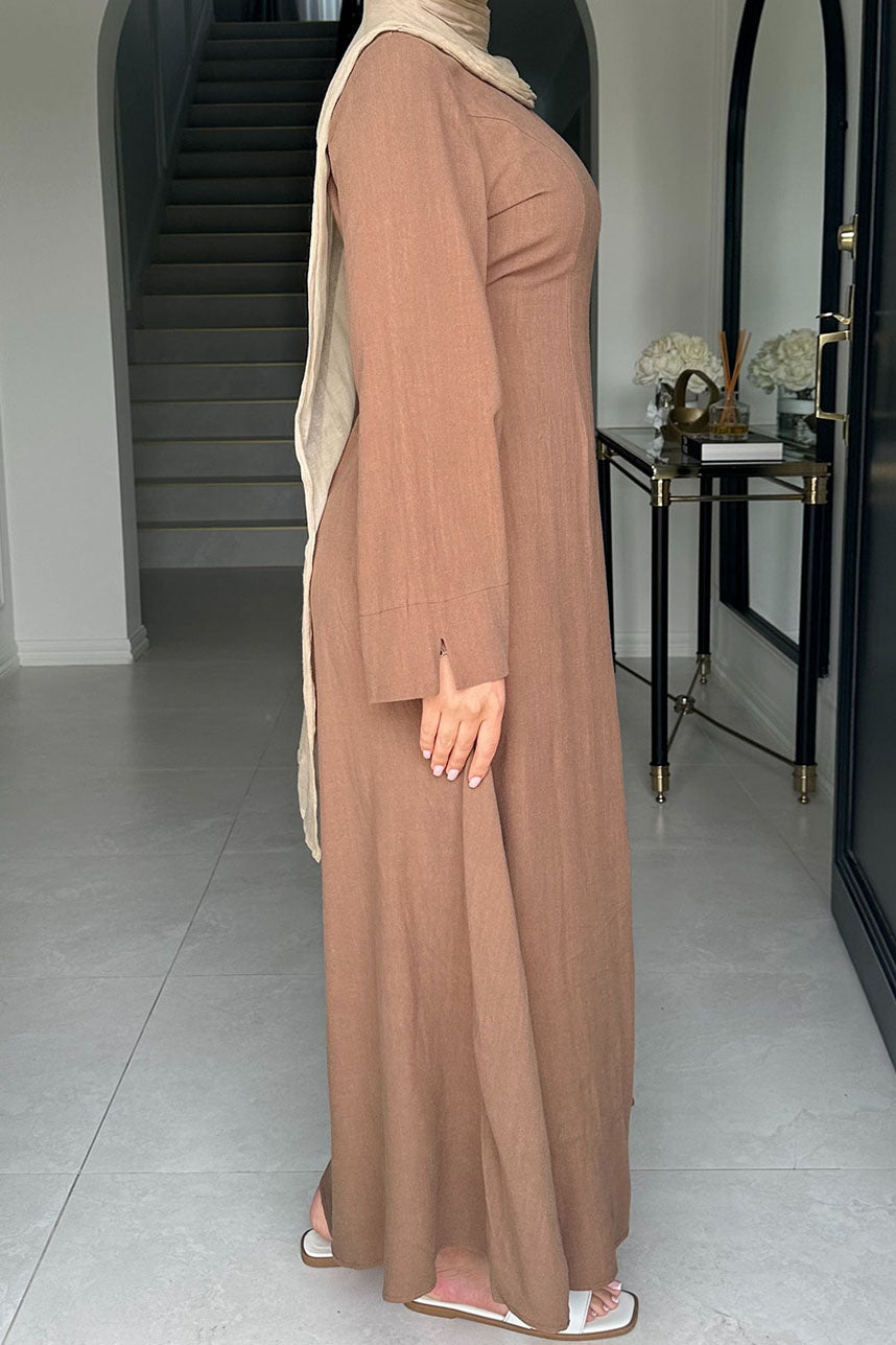 Oasis Adjustable-Waist Cotton-Linen Maxi Dress Abaya 948 – Brown