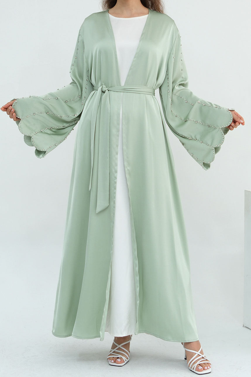 Sahara Bead-Detail Elegant Open Abaya 1024 - Green
