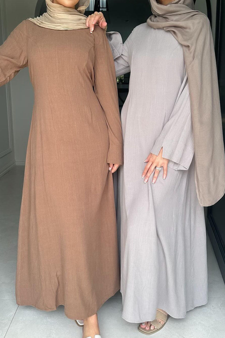 Oasis Adjustable-Waist Cotton-Linen Maxi Dress Abaya 948 – Taro
