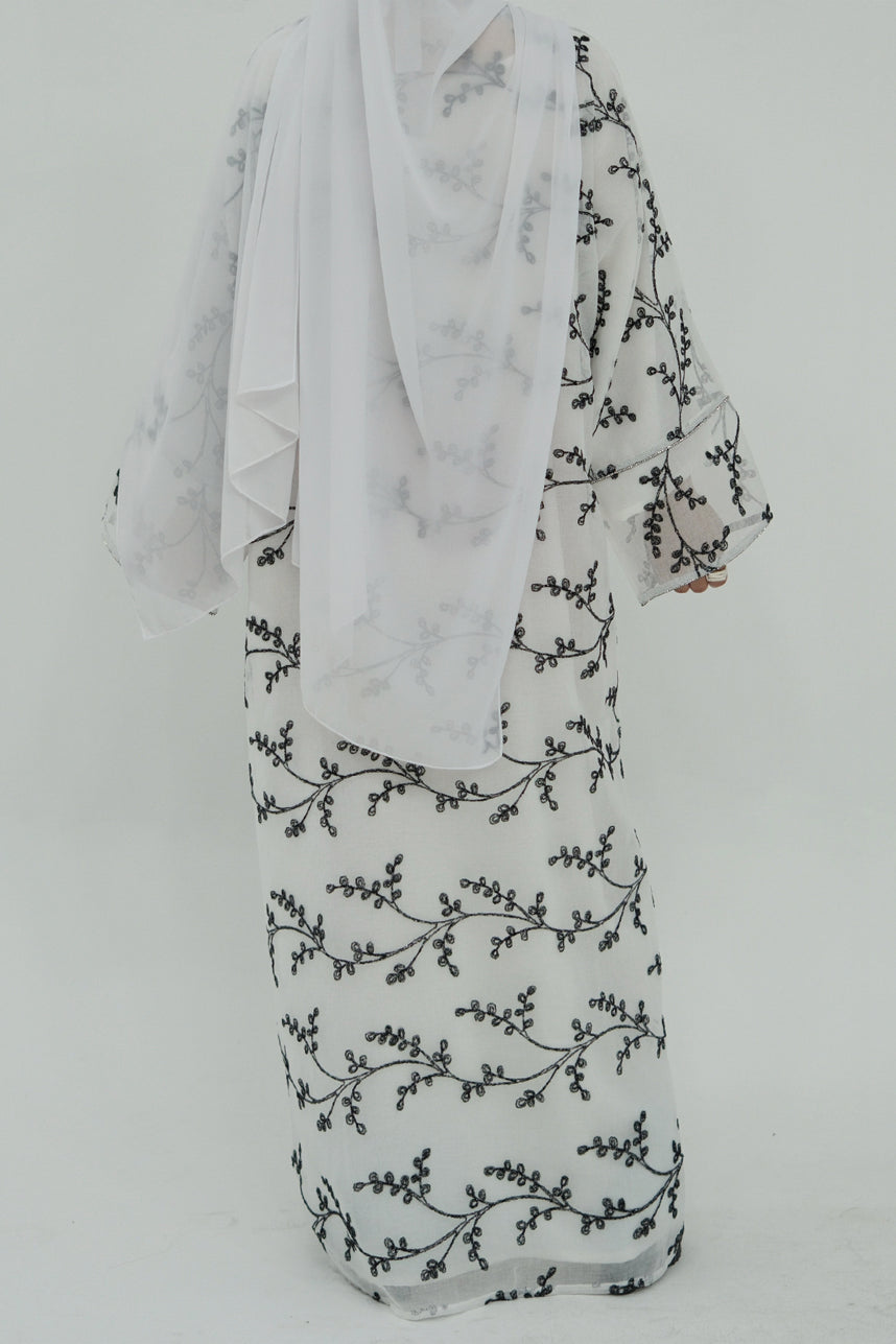 Meadowe Full Embroidered Mesh Open Abaya 1075 – White