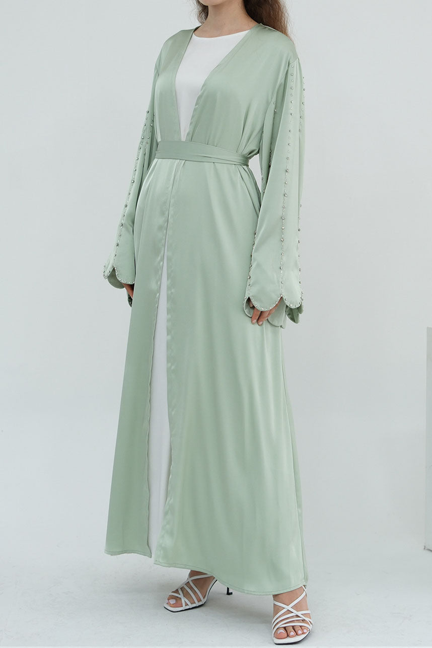 Sahara Bead-Detail Elegant Open Abaya 1024 - Green