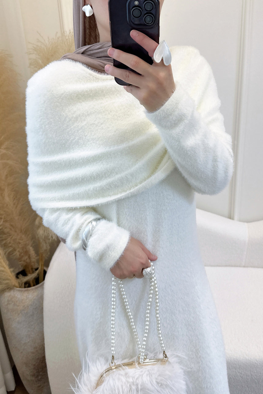 Estara Soft Fleece Draped Shoulder Dress Set 1085 - White