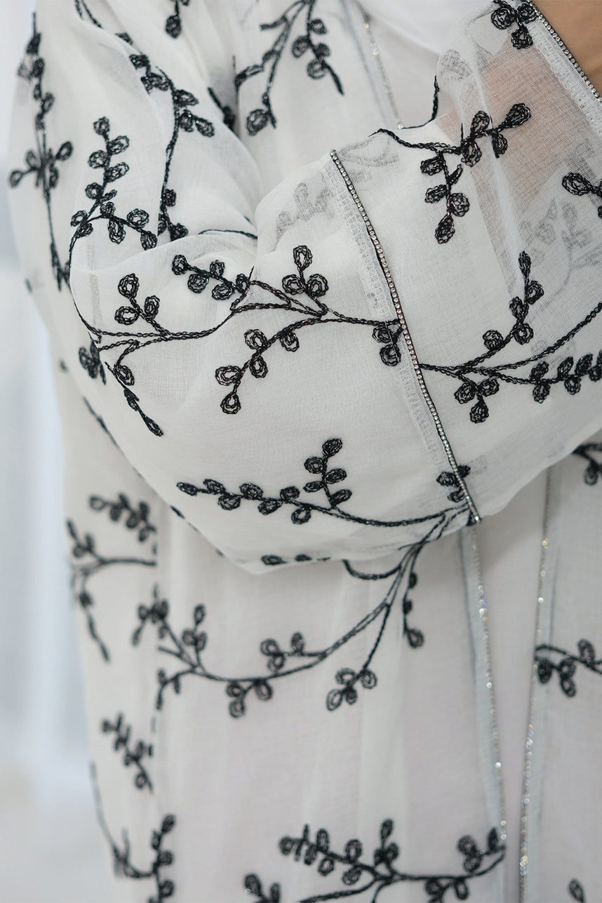 Meadowe Full Embroidered Mesh Open Abaya 1075 – White