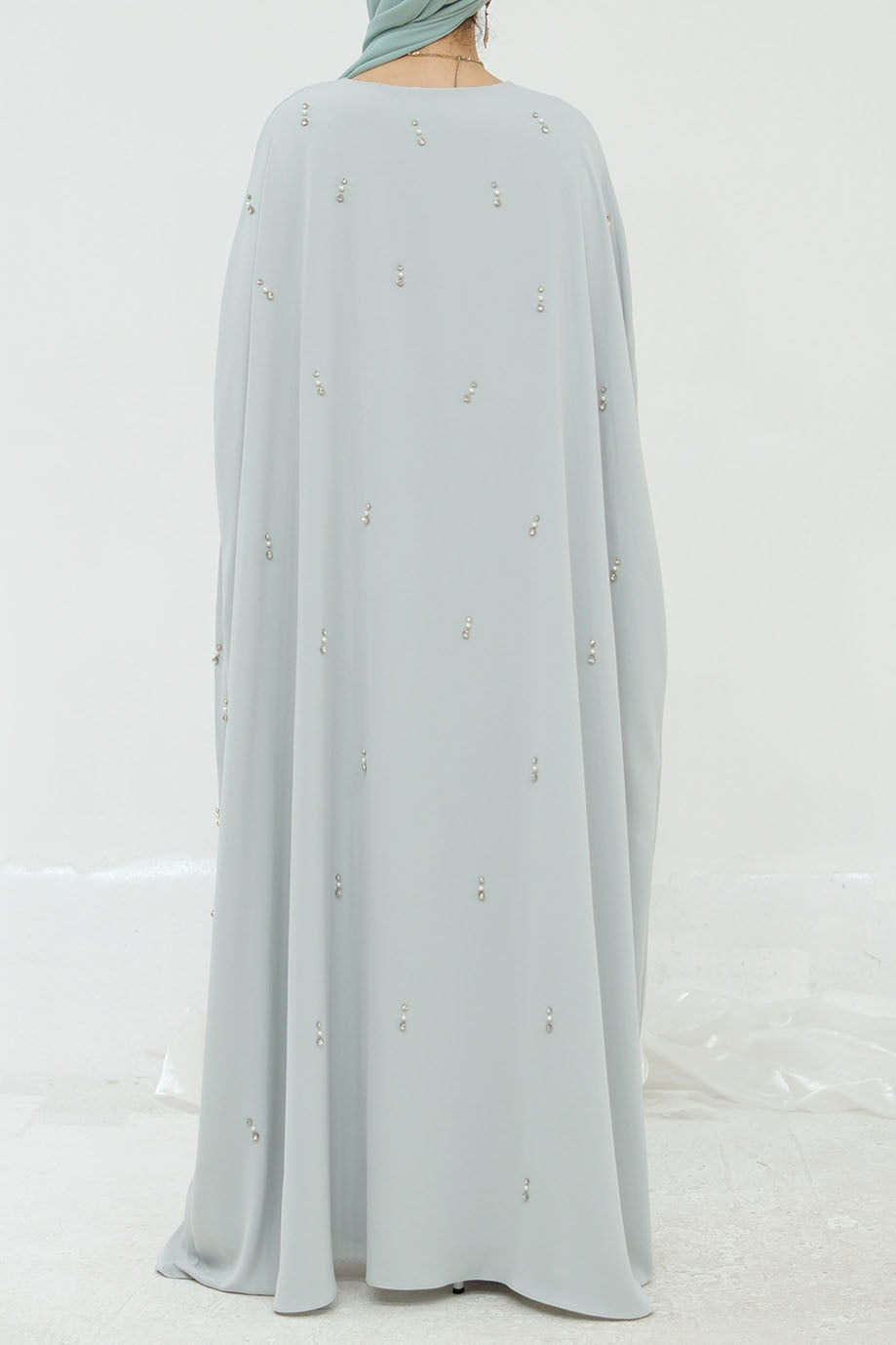 Aureya Solid Crystal-Embellished Faux Two-Piece Abaya 997 –Light Grey