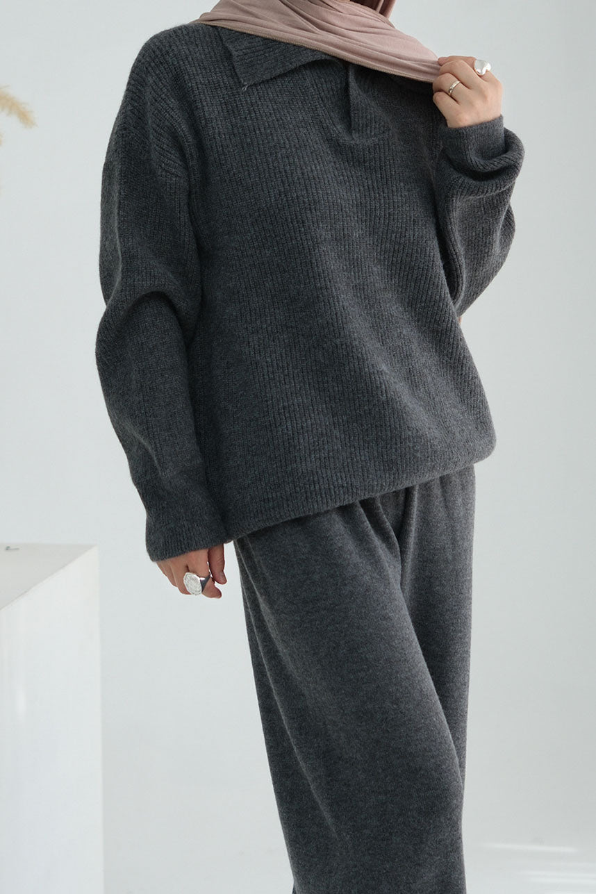 Monara Collared Thick-Knit Two-Piece Modest Set 008 – Dark Gray