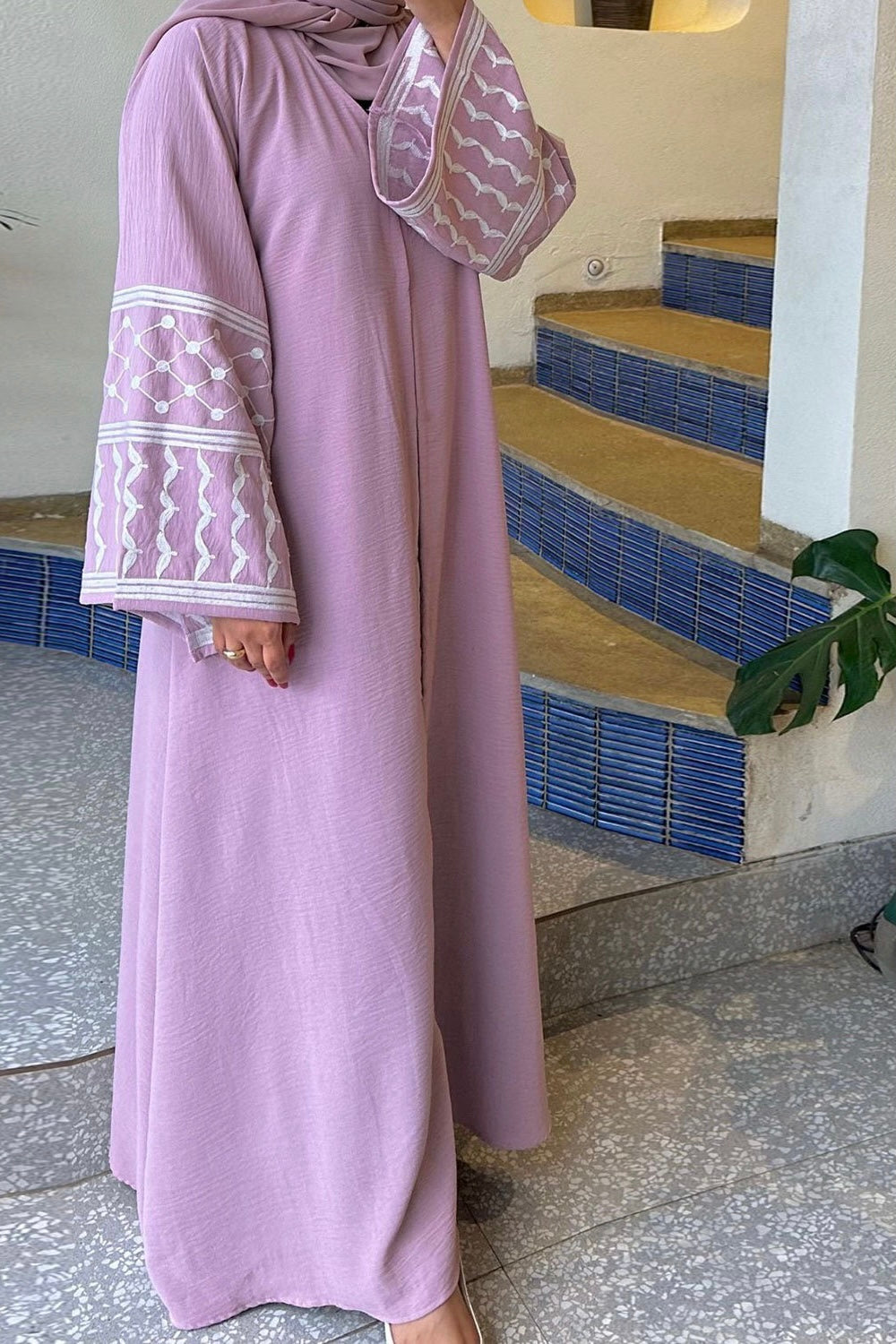 Insha Keffiyeh Inspired Peace Dove Pattern Embroidery Modest Open Abaya with belt 776-Pink - Meliza