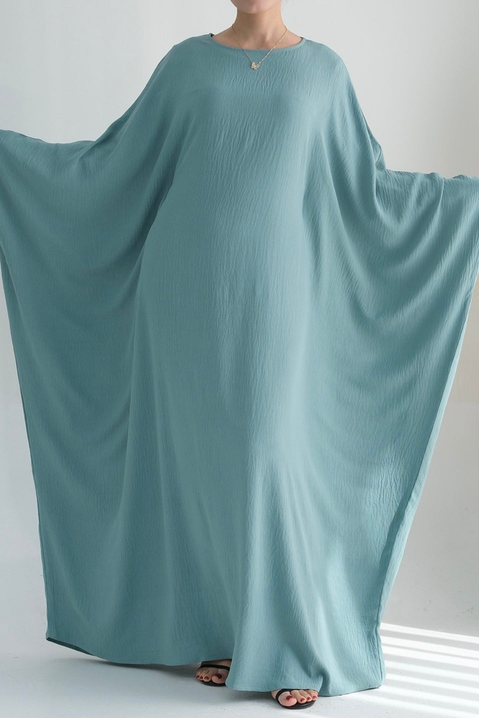 Badia Waist-Cinching Batwing Butterfly Sleeve Maxi Dress Kaftan Abaya 695 - Green - Meliza