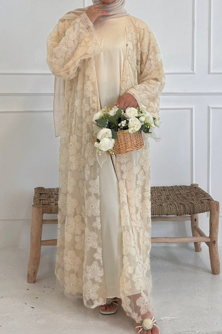 Auralis 3D Floral Beaded Mesh Open Abaya 1069  Apricot