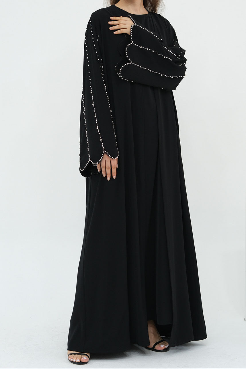 Sahara Bead-Detail Elegant Open Abaya 1023 - Black