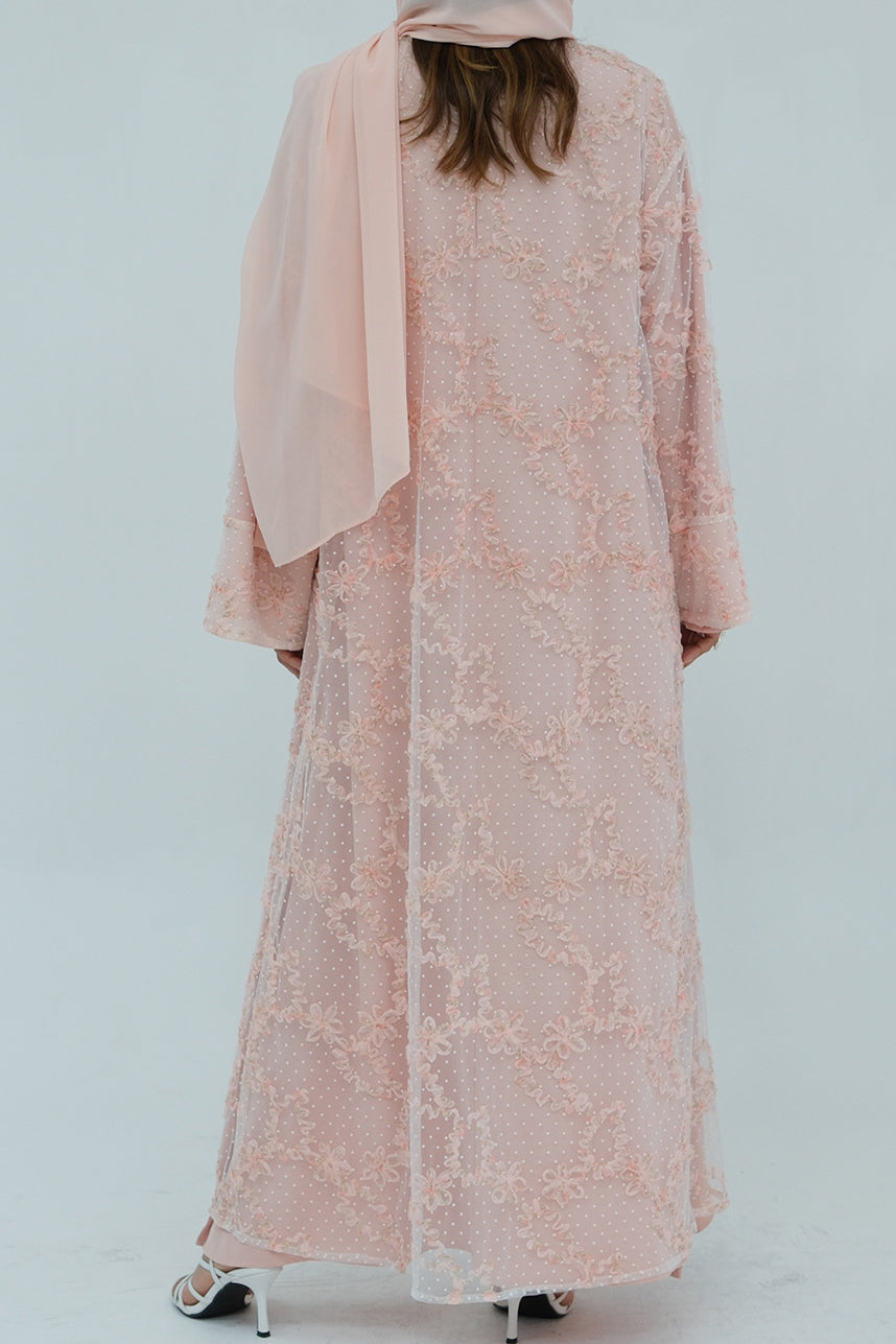 Vionne 3D Floral Mesh Open Abaya 1074 – Pink