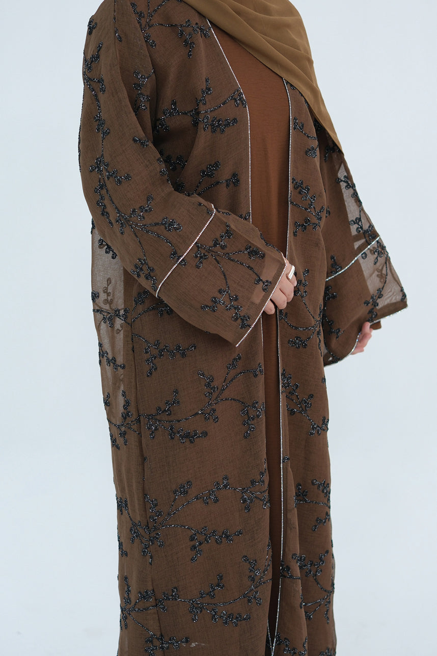 Meadowe Full Embroidered Mesh Open Abaya 1075 – Brown