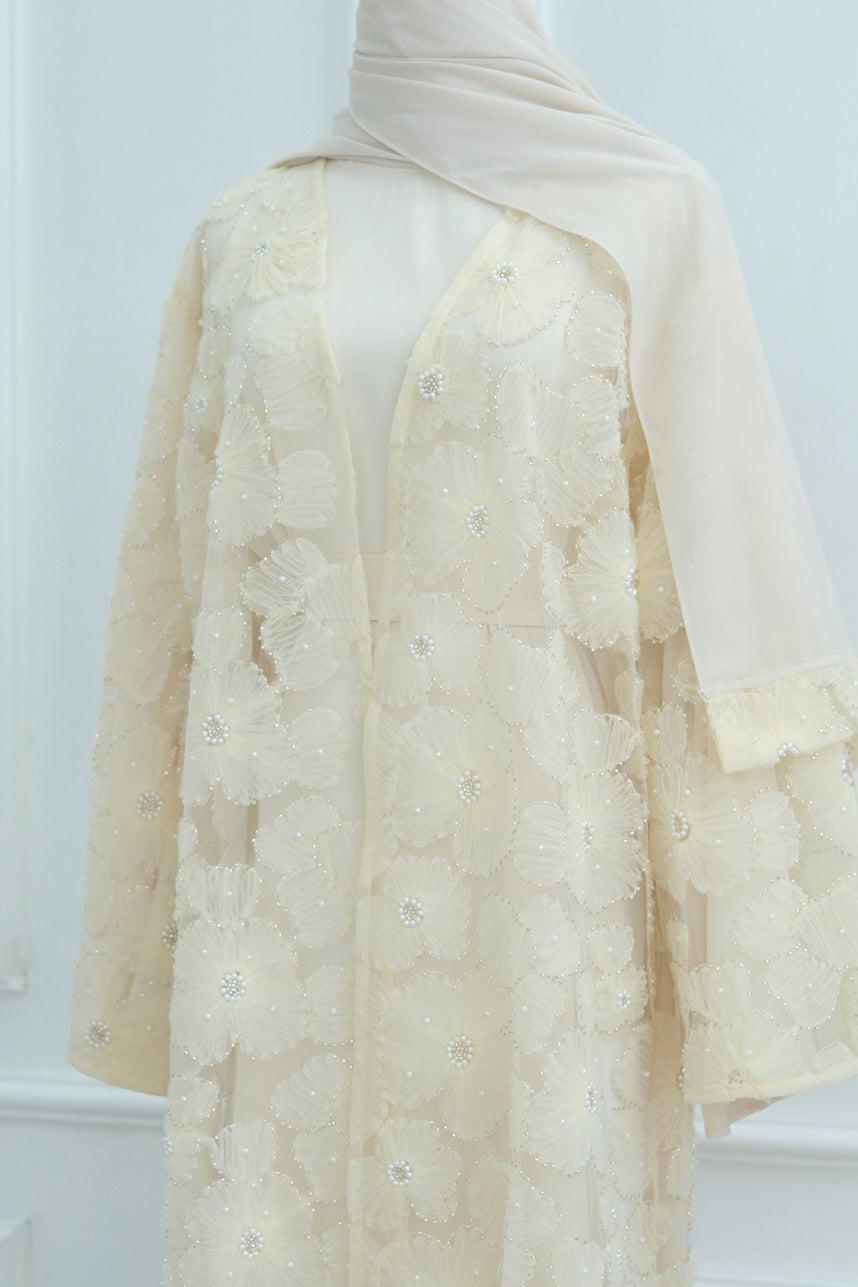 Auralis 3D Floral Beaded Mesh Open Abaya 1069 – Apricot