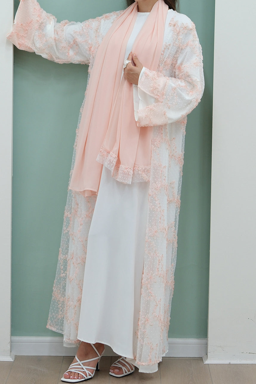 Vionne 3D Floral Mesh Open Abaya 1074 – Pink