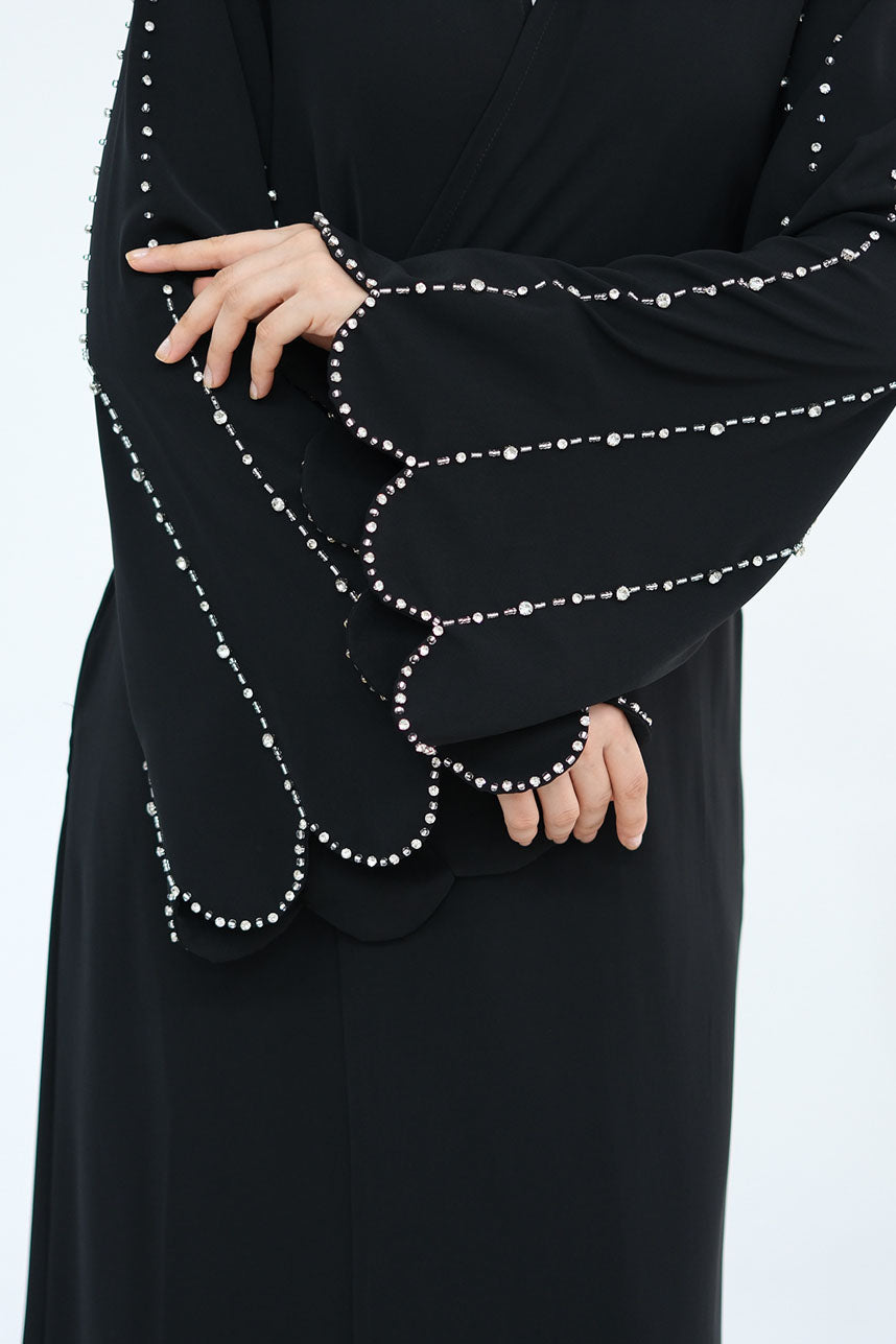 Sahara Bead-Detail Elegant Open Abaya 1023 - Black