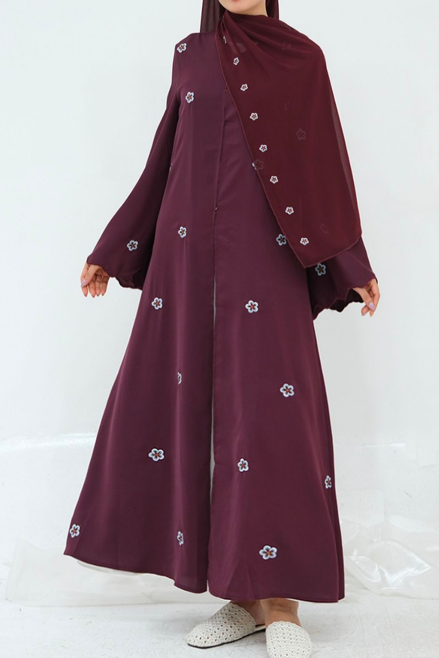 Goldfiligree Floral-Embroidered Open Abaya 1027 – Burgundy