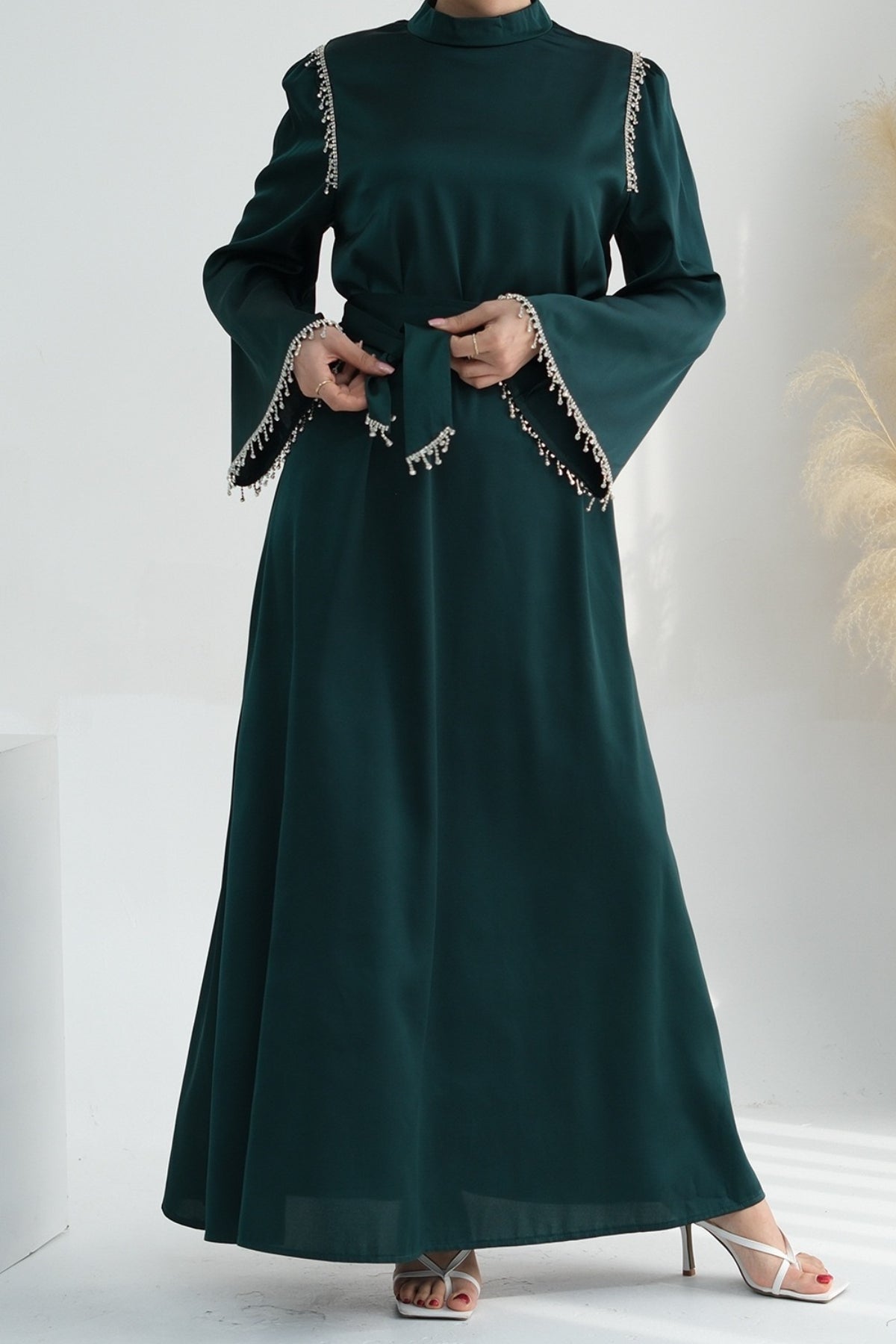 Yalina Crystal Beads Sleeves and Stand-up Collar Maxi Dress Abaya with belt 710 - Dark Green - Meliza