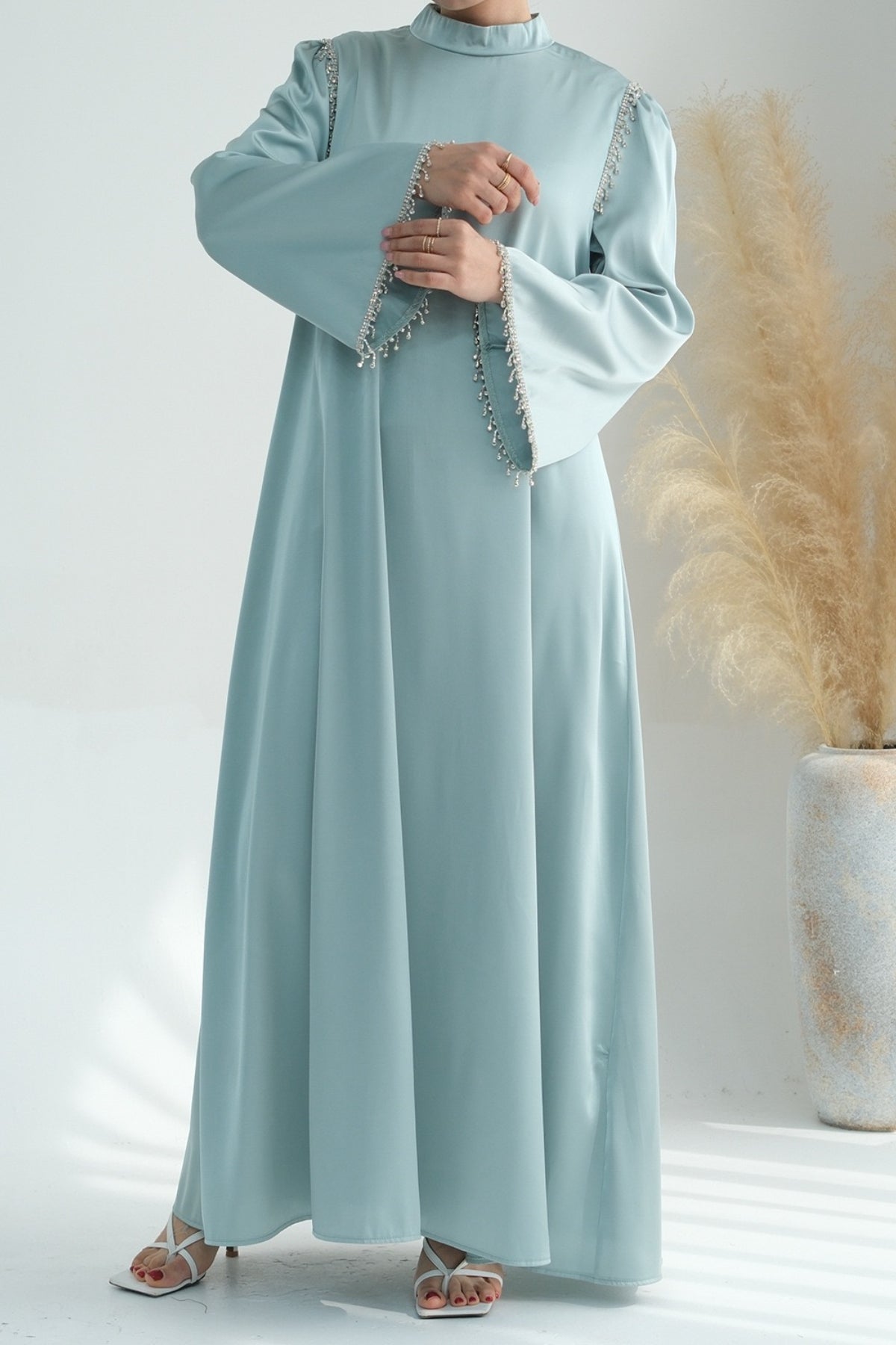 Yalina Crystal Beads Sleeves and Stand-up Collar Maxi Dress Abaya with belt 710 - Light Green - Meliza
