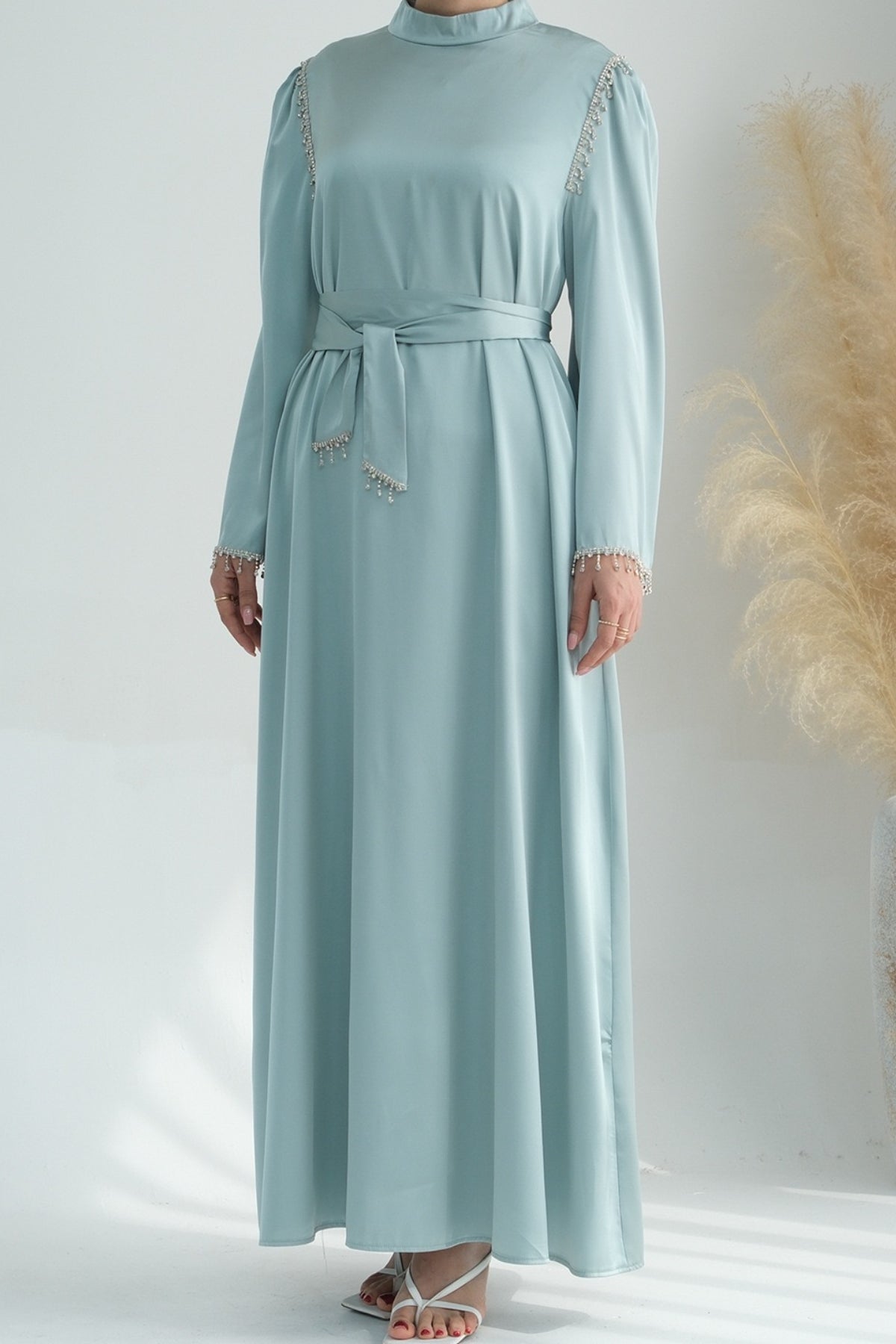 Yalina Crystal Beads Sleeves and Stand-up Collar Maxi Dress Abaya with belt 710 - Light Green - Meliza