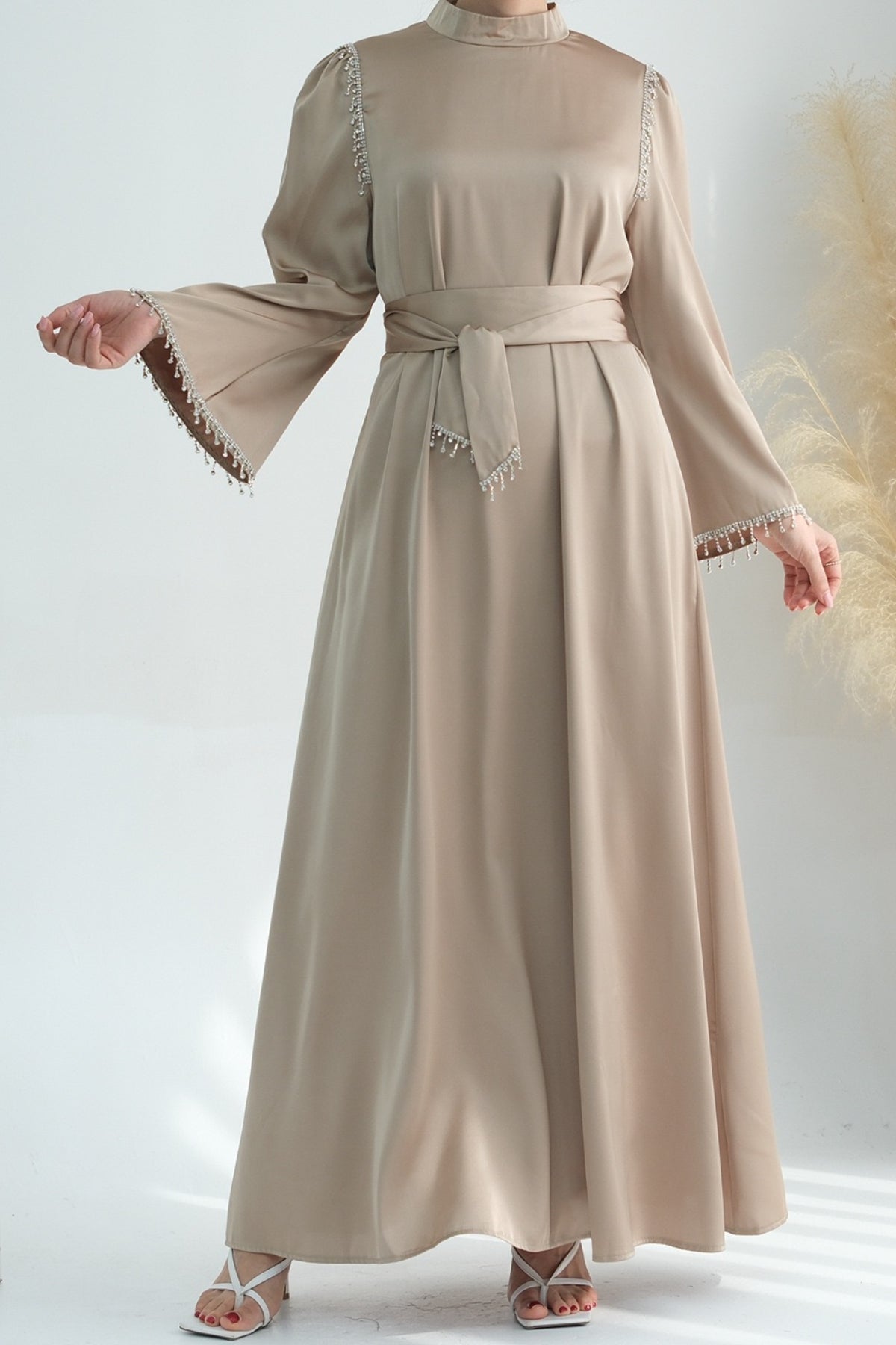Yalina Crystal Beads Sleeves and Stand-up Collar Maxi Dress Abaya with belt 710 - Khaki - Meliza