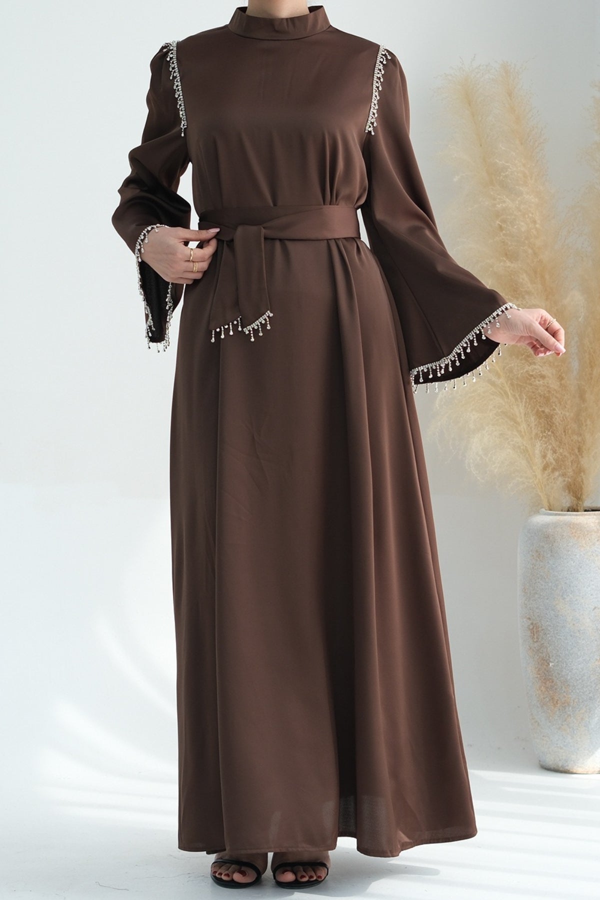 Yalina Crystal Beads Sleeves and Stand-up Collar Maxi Dress Abaya with belt 710 - Coffee - Meliza