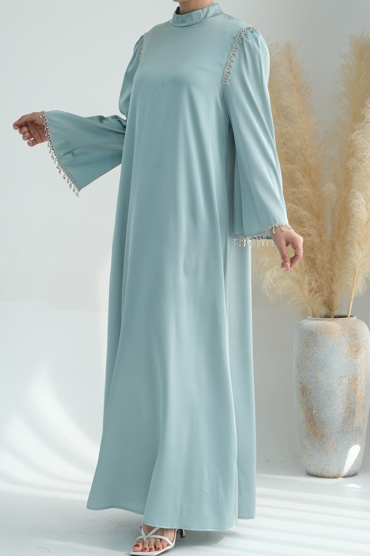 Yalina Crystal Beads Sleeves and Stand-up Collar Maxi Dress Abaya with belt 710 - Light Green - Meliza