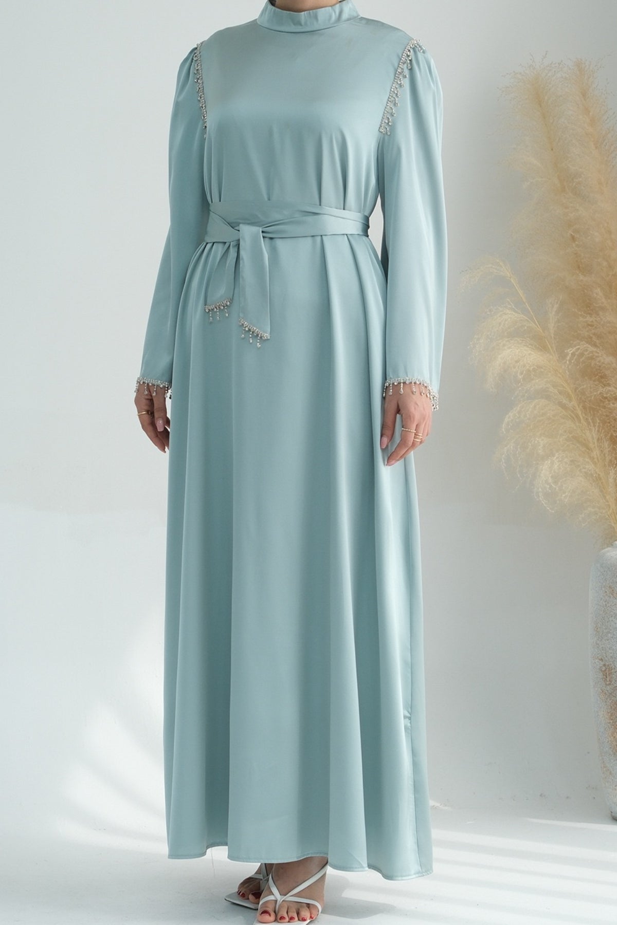 Yalina Crystal Beads Sleeves and Stand-up Collar Maxi Dress Abaya with belt 710 - Light Green - Meliza