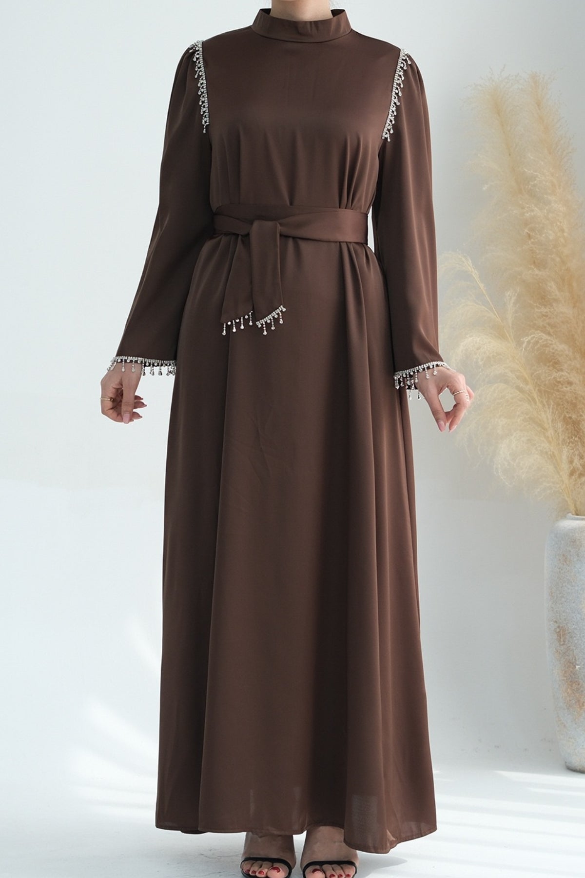 Yalina Crystal Beads Sleeves and Stand-up Collar Maxi Dress Abaya with belt 710 - Coffee - Meliza