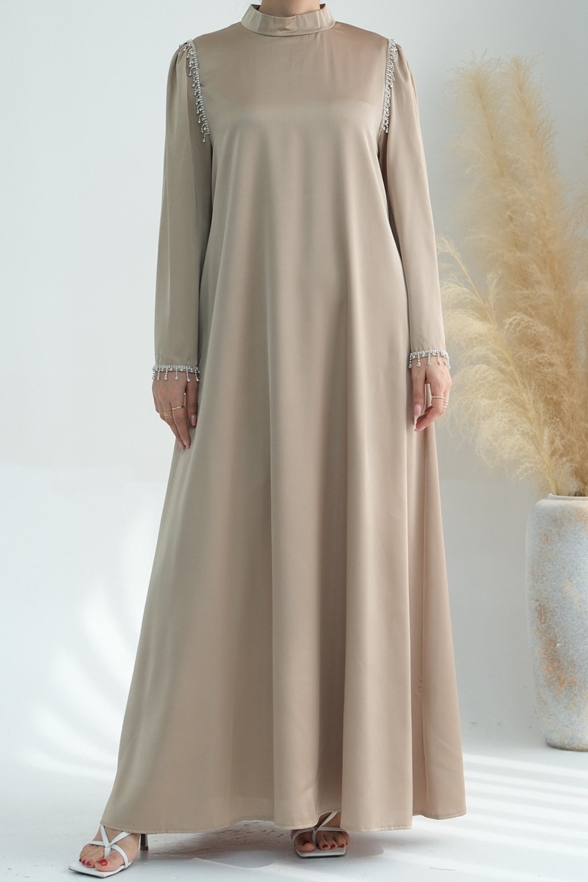 Yalina Crystal Beads Sleeves and Stand-up Collar Maxi Dress Abaya with belt 710 - Khaki - Meliza