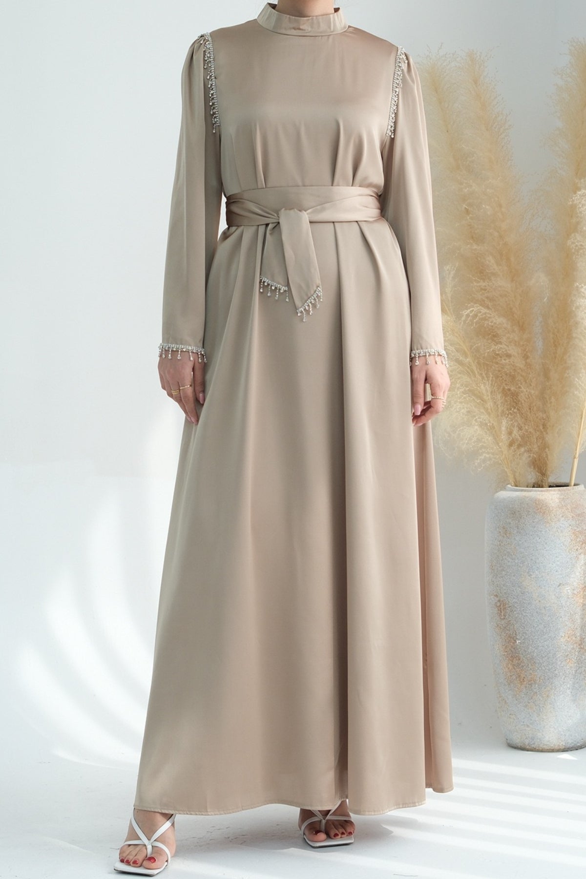 Yalina Crystal Beads Sleeves and Stand-up Collar Maxi Dress Abaya with belt 710 - Khaki - Meliza