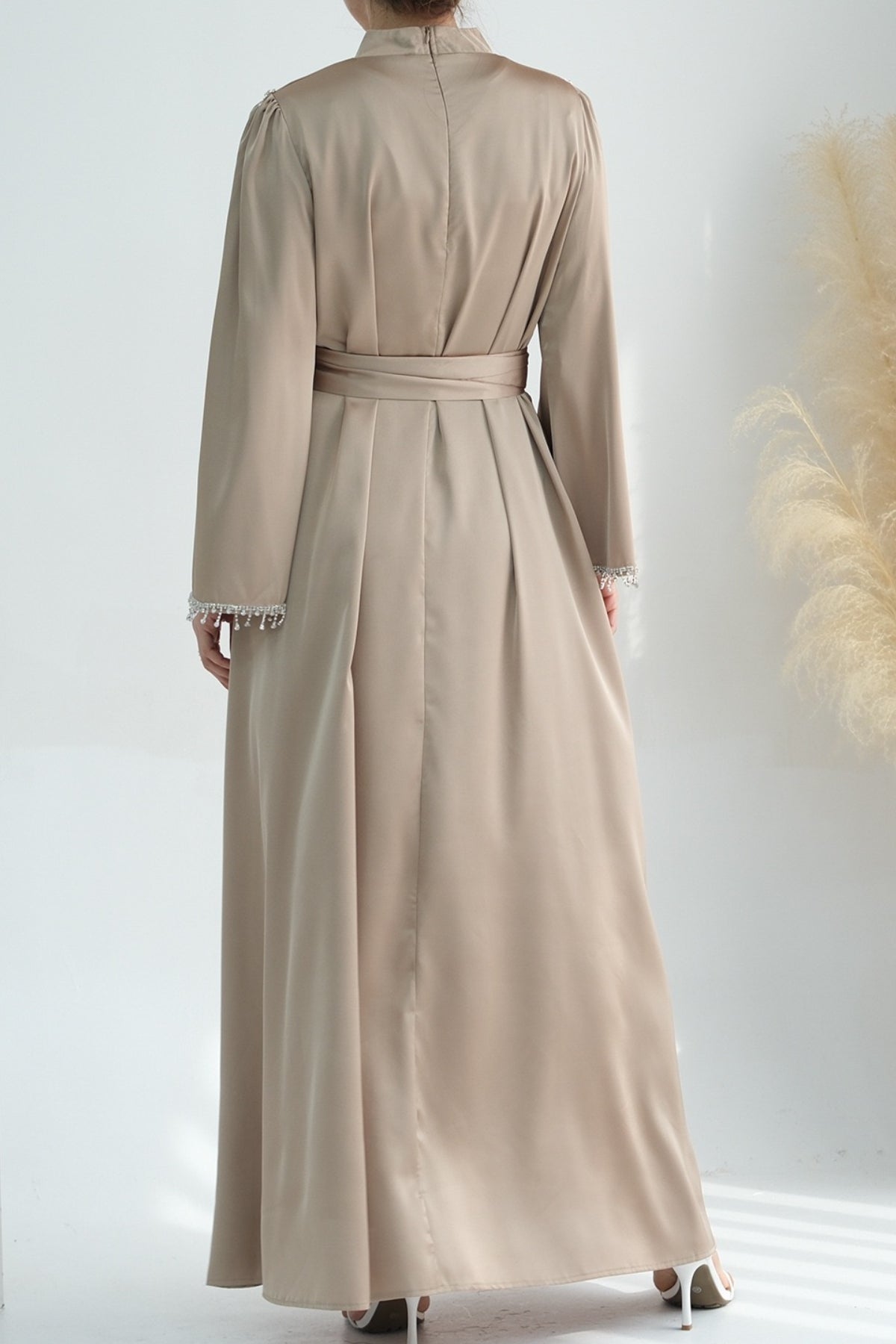Yalina Crystal Beads Sleeves and Stand-up Collar Maxi Dress Abaya with belt 710 - Khaki - Meliza