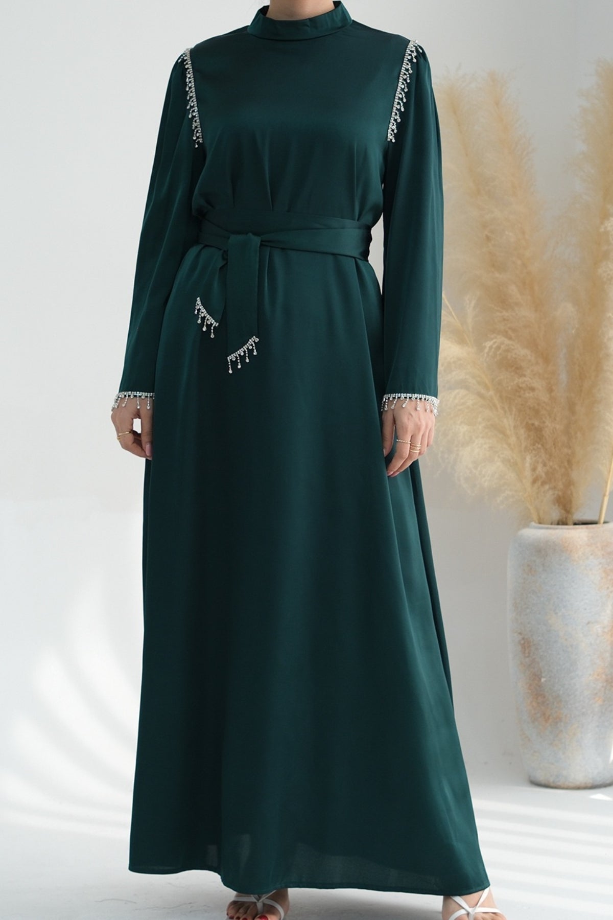 Yalina Crystal Beads Sleeves and Stand-up Collar Maxi Dress Abaya with belt 710 - Dark Green - Meliza