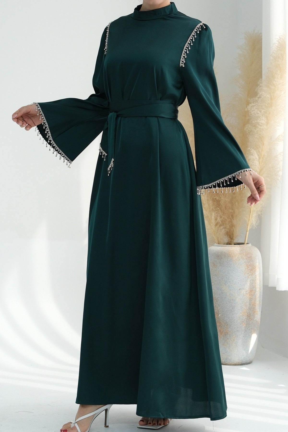 Yalina Crystal Beads Sleeves and Stand-up Collar Maxi Dress Abaya with belt 710 - Dark Green - Meliza