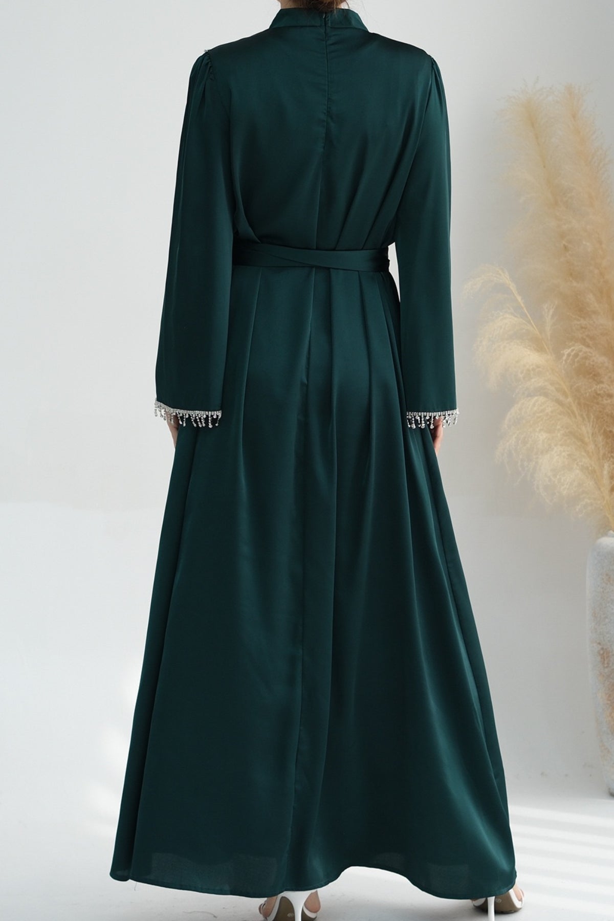 Yalina Crystal Beads Sleeves and Stand-up Collar Maxi Dress Abaya with belt 710 - Dark Green - Meliza