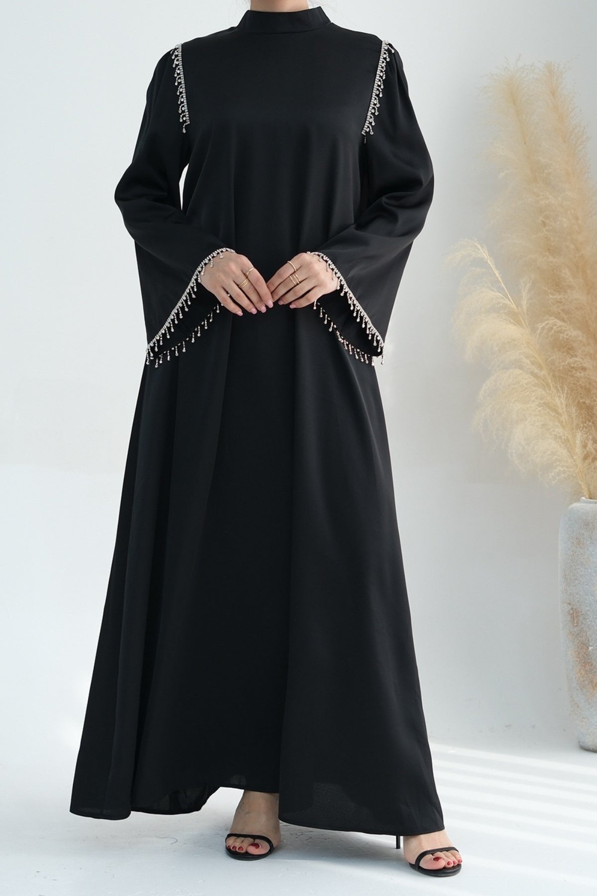 Yalina Crystal Beads Sleeves and Stand-up Collar Maxi Dress Abaya with belt 710 - Black - Meliza