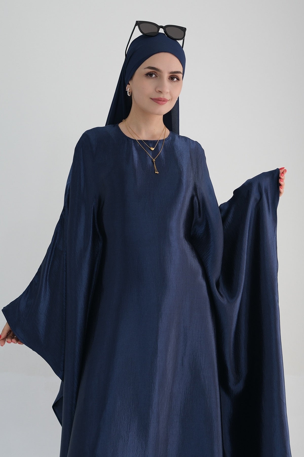 Jahari Shiny Batwing Butterfly Sleeve Maxi Dress Abaya 774-Dark Blue - Meliza