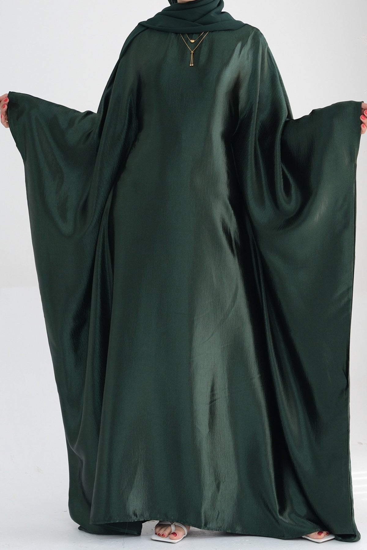 Jahari Shiny Batwing Sleeve Maxi Dress Abaya 774-Dark Green - Meliza