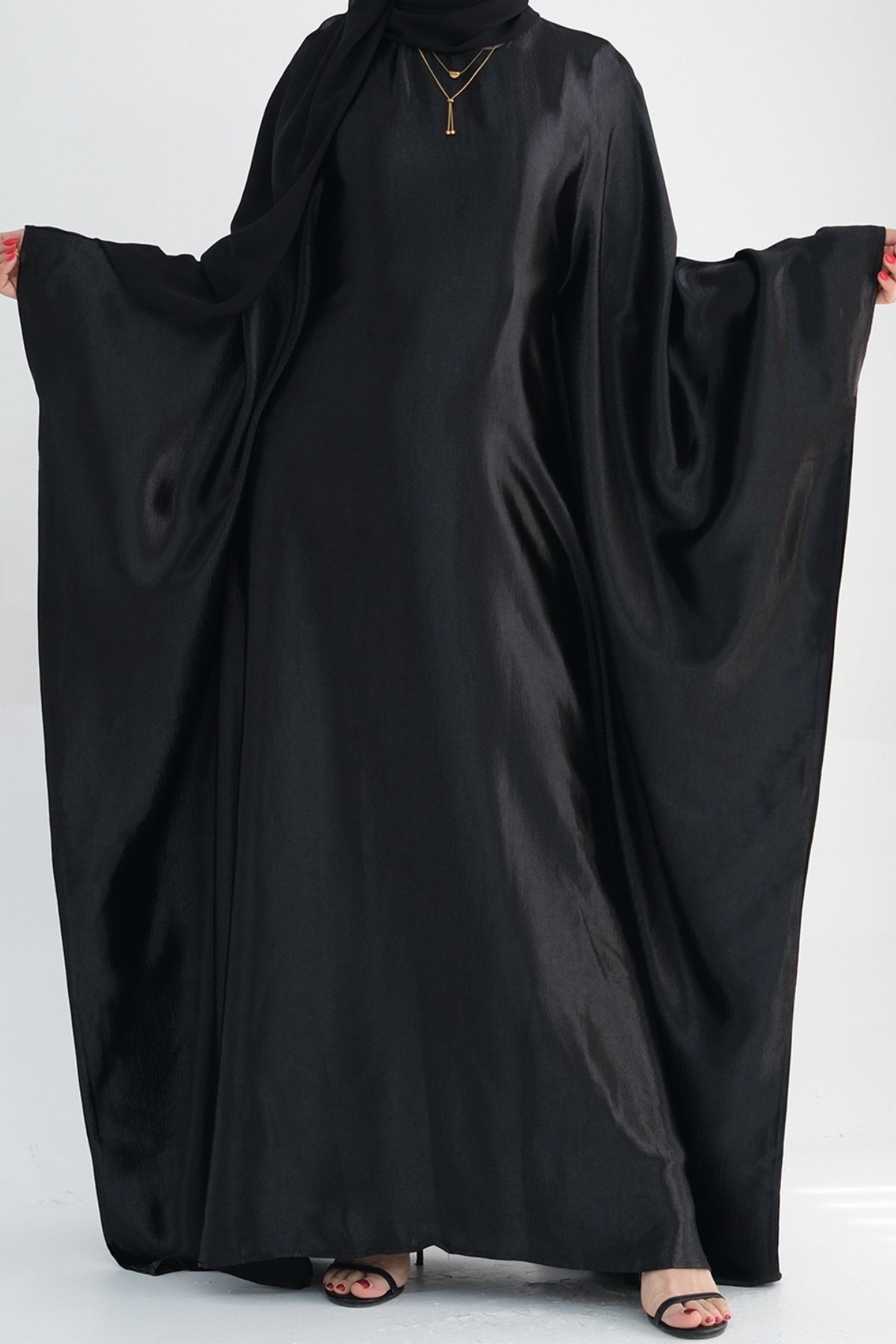 Jahari Shiny Batwing Butterfly Sleeve Maxi Dress Abaya 774-Black - Meliza