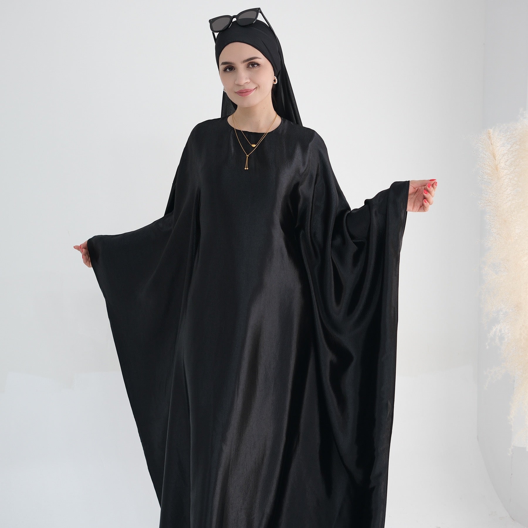 Jahari Shiny Batwing Butterfly Sleeve Maxi Dress Abaya 774-Black - Meliza