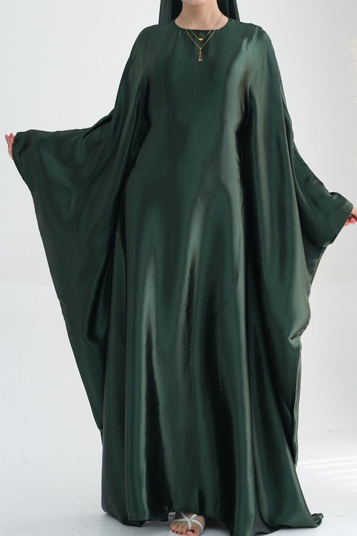 Jahari Shiny Batwing Sleeve Maxi Dress Abaya 774-Dark Green - Meliza