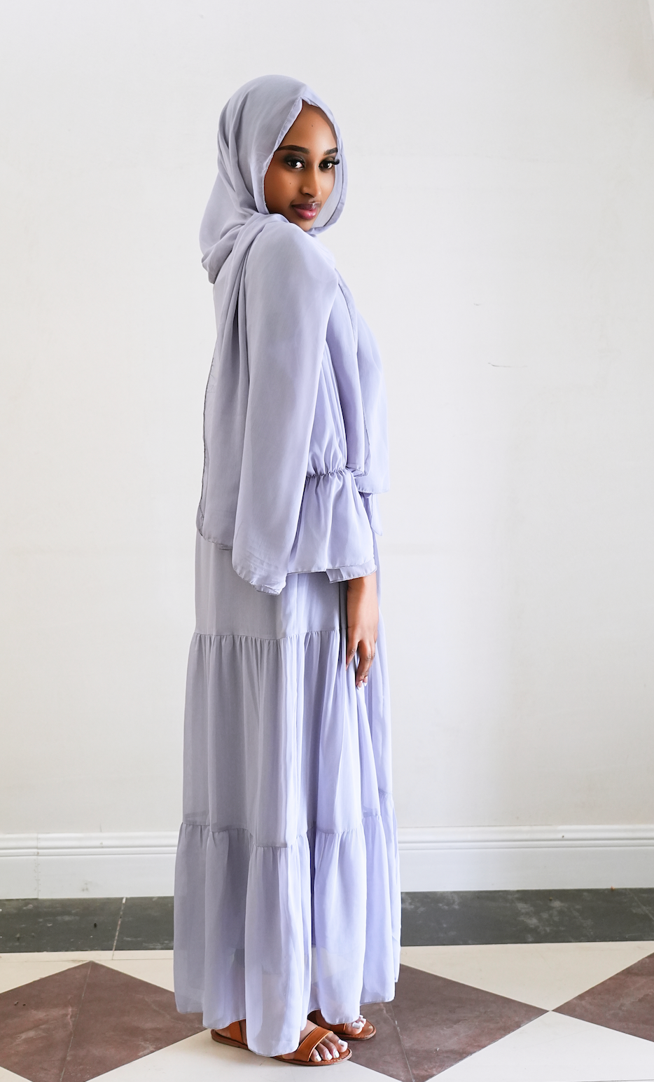 Jumana Chiffon Elastic Cuff Open Abaya Set 866+867 - Light Grey
