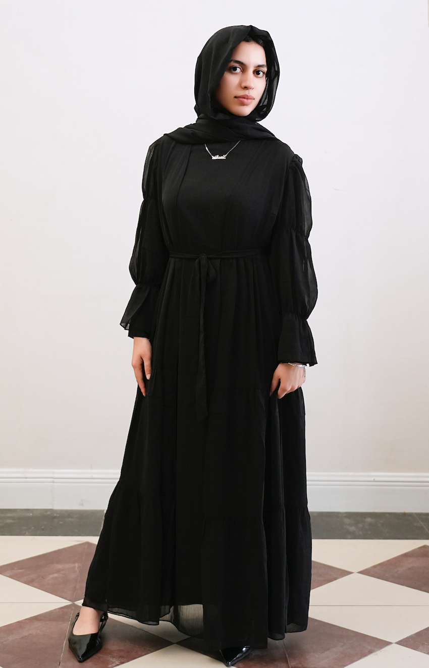 Jumana Chiffon Elastic Cuff Open Abaya Set 866+867 - Black