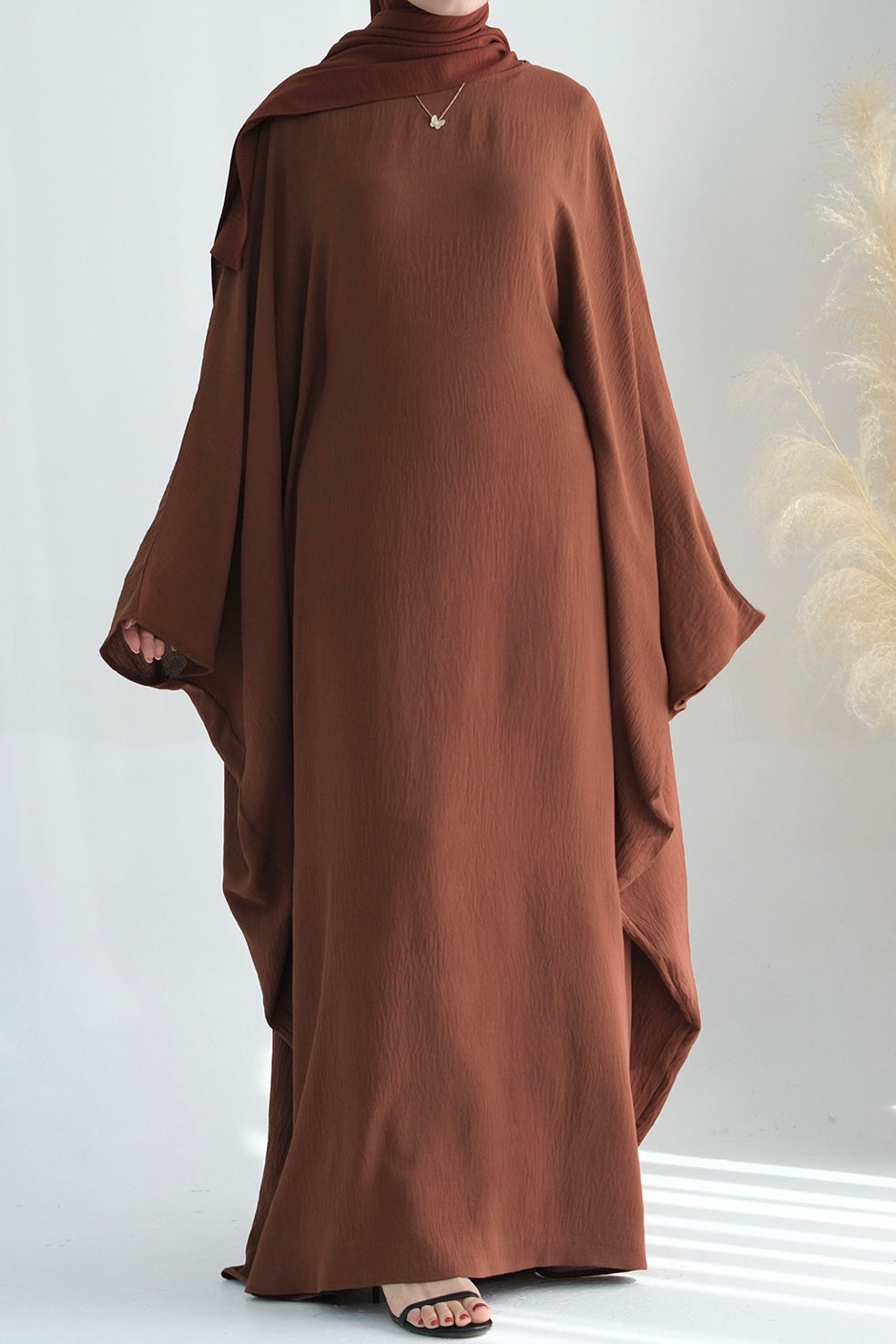 Badia Waist-Cinching Batwing Butterfly Sleeve Maxi Dress Kaftan Abaya 695 - Coffee - Meliza