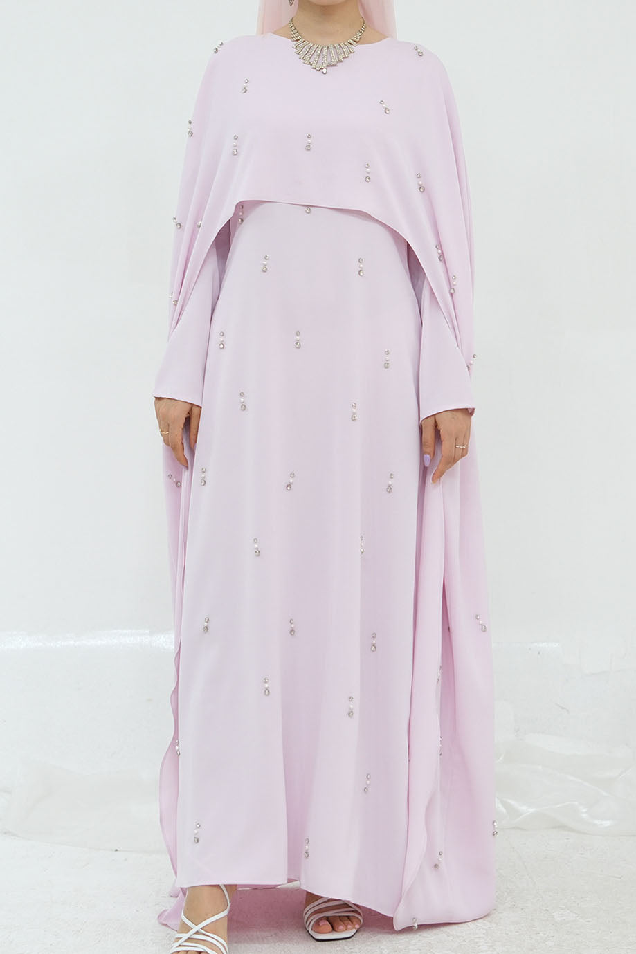 Aureya Solid Crystal-Embellished Faux Two-Piece Abaya 997 –Pink