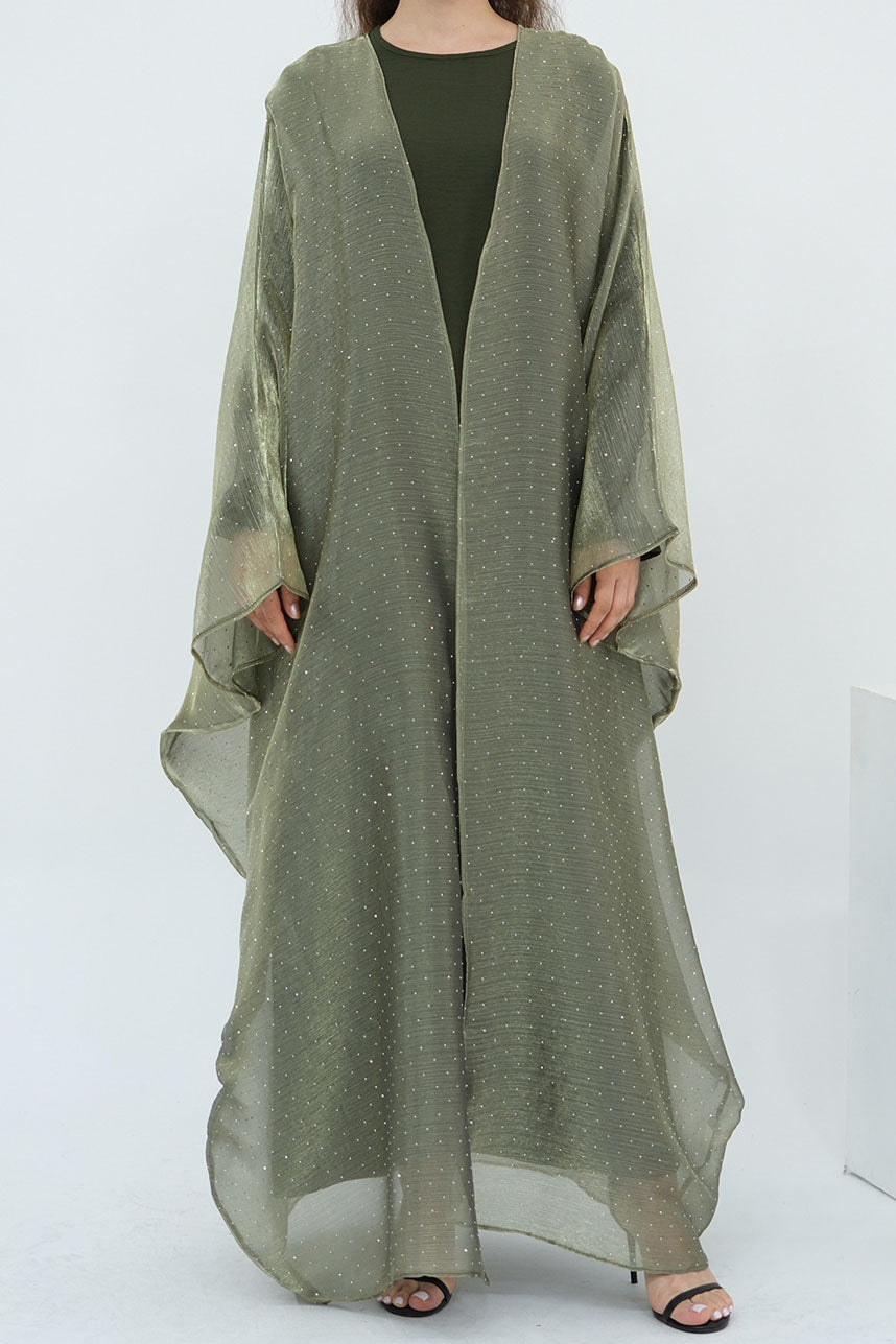 Luminous Sparkle-Drape Elegant Open Abaya 1026 – Army Green
