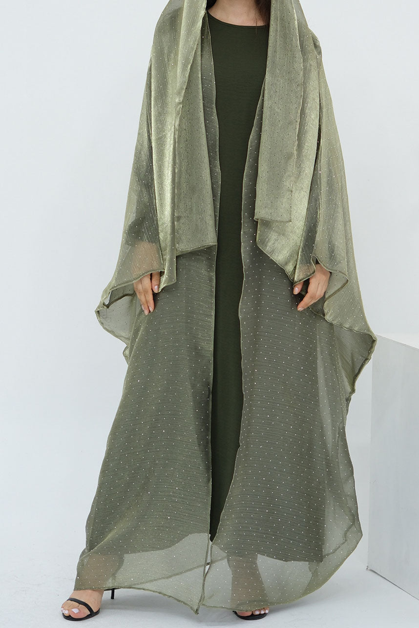 Luminous Sparkle-Drape Elegant Open Abaya 1026 – Army Green