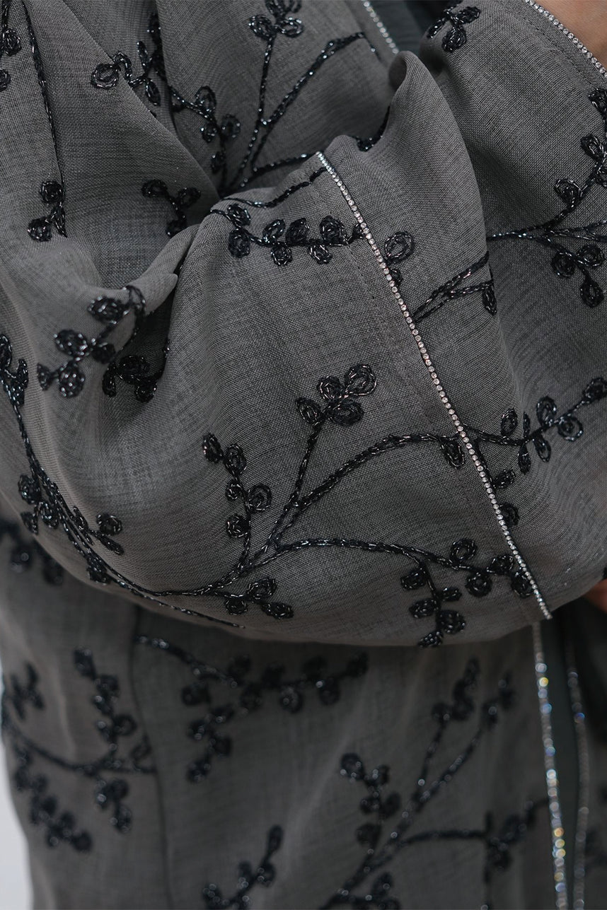 Meadowe Full Embroidered Mesh Open Abaya 1075 – Grey