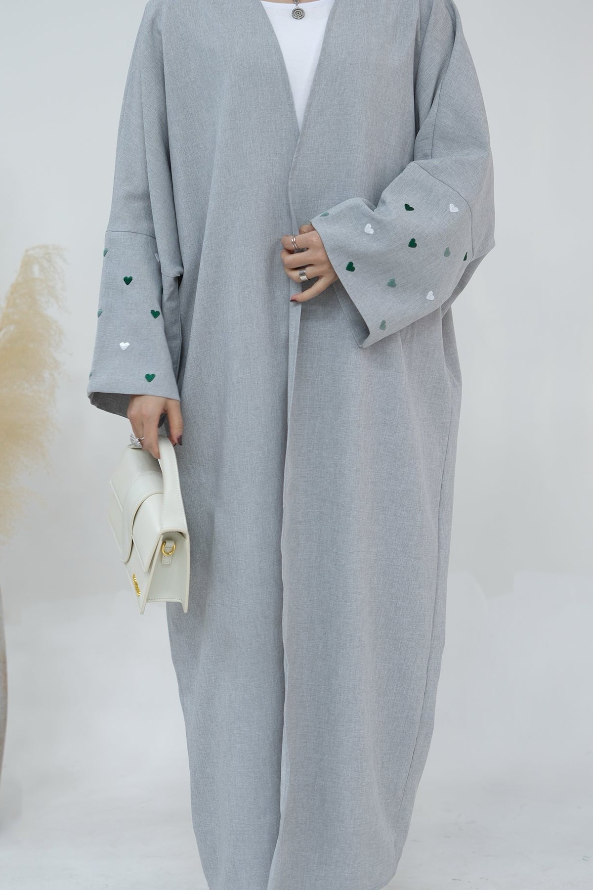 Hasna Heart Pattern Embroidery Linen Modest Open Abaya 712 - LightSteelBlue - Meliza