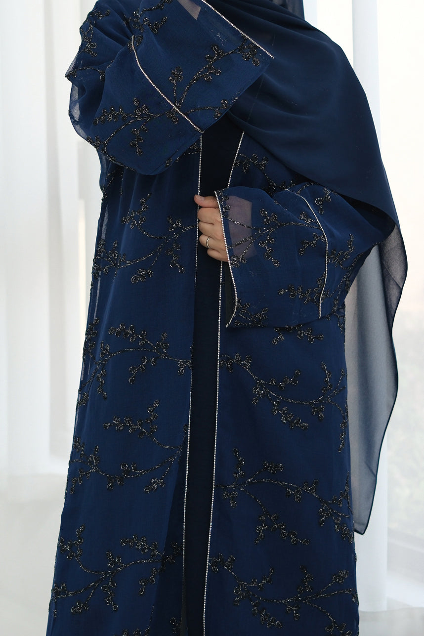 Meadowe Full Embroidered Mesh Open Abaya 1075 – Blue